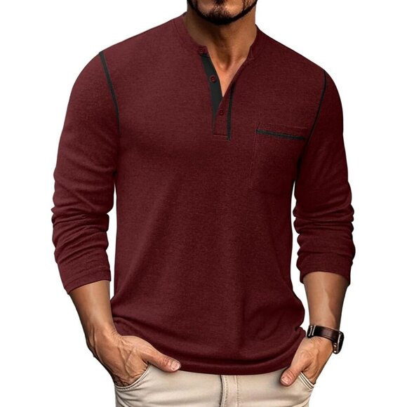 Coofandy Men Wine Red Henley Long Sleeve Pullover Button T-Shirtwith Pocket